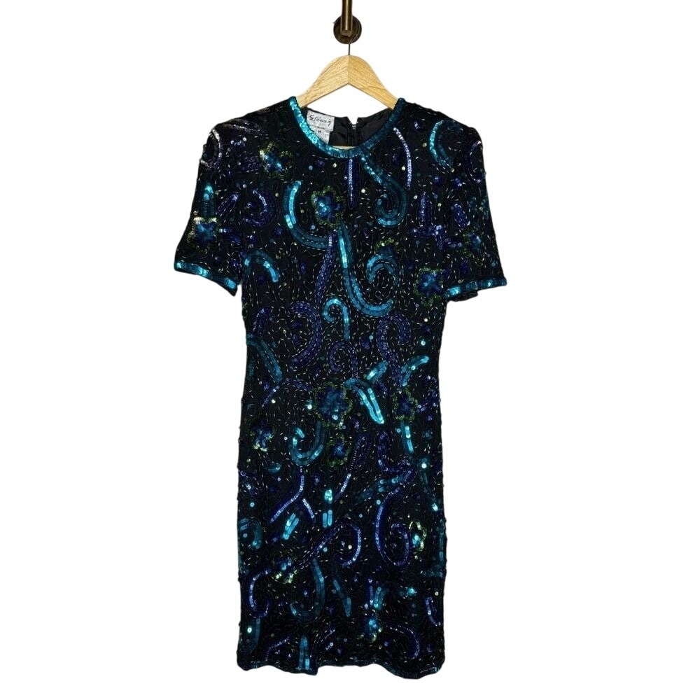 Vintage 100% Silk Stenay Beaded Sequin Cocktail Dress Size M Art Deco Glam